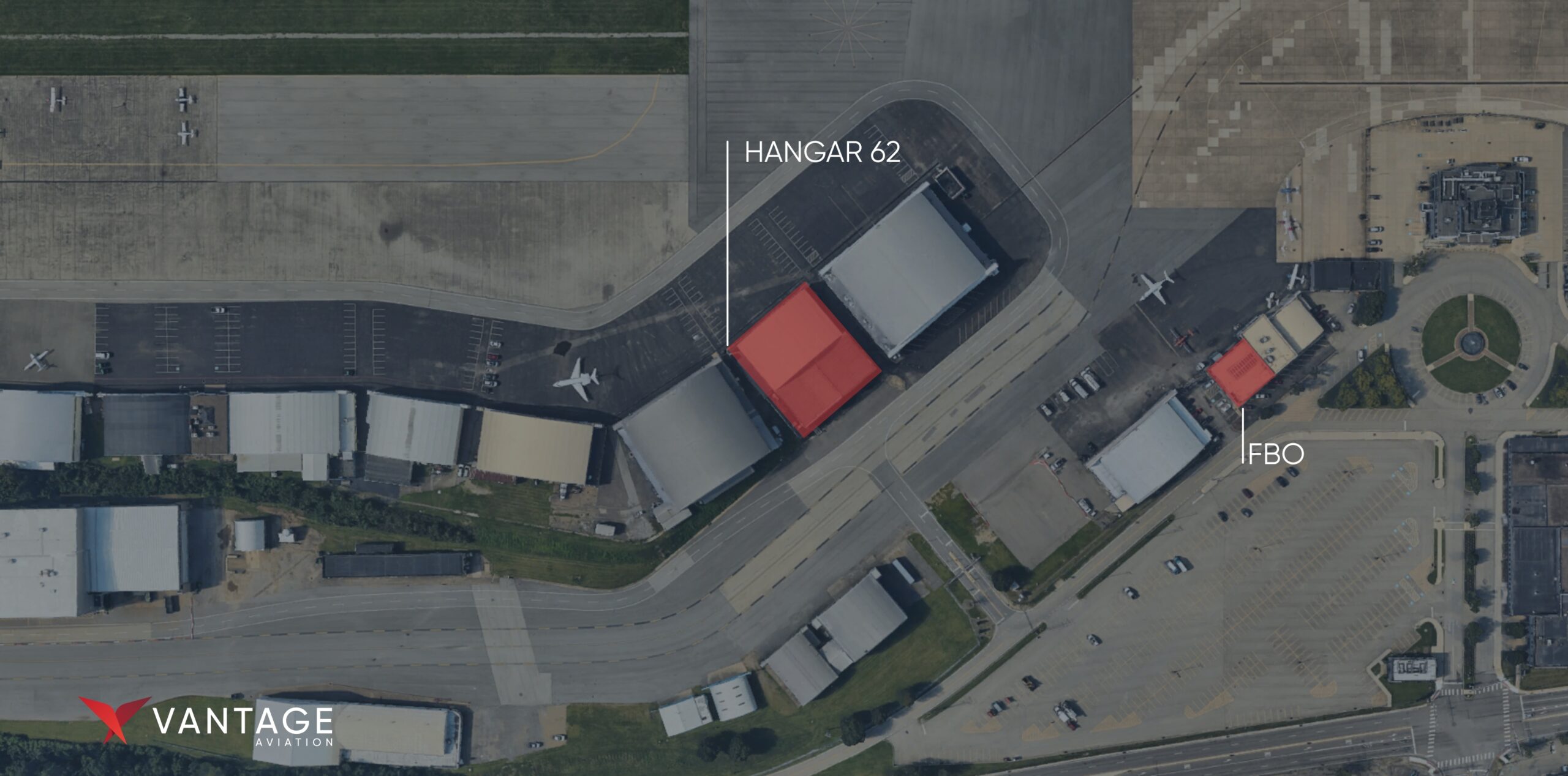 aerial of the hangar location and fbo at agc